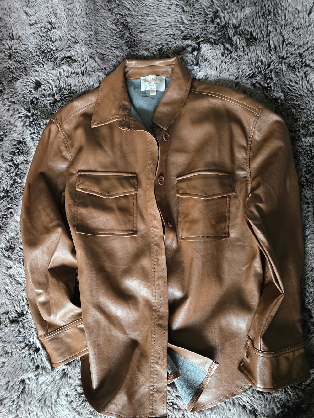 Audrey Parks Brown Faux Leather Shirt Jacket